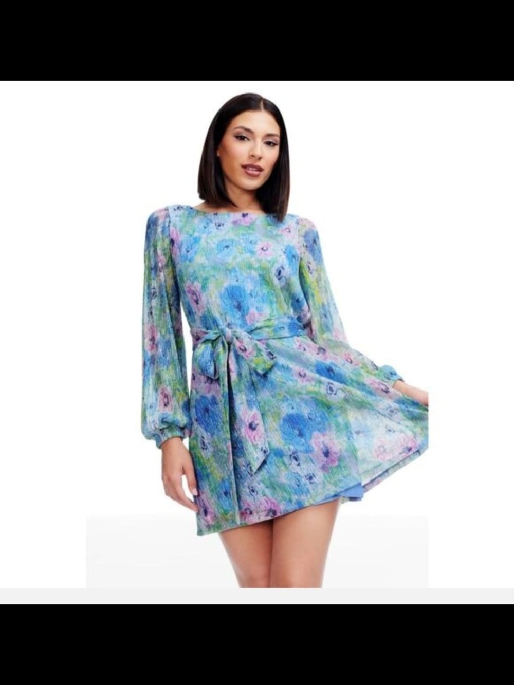 Dress the Population Floral Tie-Waist Mini Dress in Blue and Green